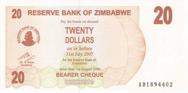 20 Dollars Zimbabwe p.40 2006